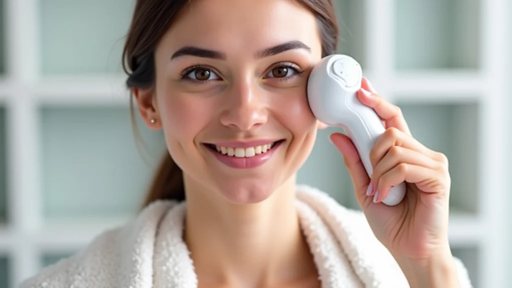 The image shows a handheld facial ultrasonic skin scrubber in use, demonstrating its benefits.