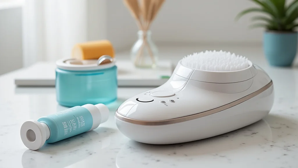 The image shows an ultrasonic skin scrubber device used for facial cleansing in a beauty guide.